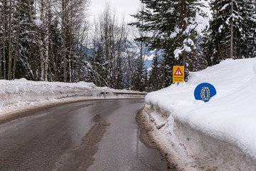 Traffic sign, warning, winter services. Austria, Europe