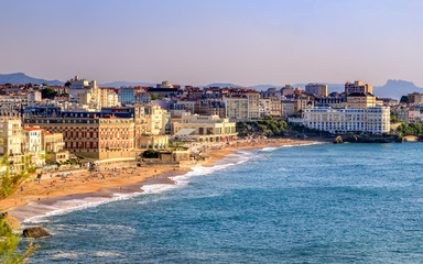 Biarritz, the famous resort in France. Panoramic view of the city and the beaches. Golden Hour. Holidays in France. - obrazy, fototapety, plakaty