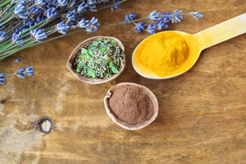 Spices and seasonings background, Healthy food, Turmeric and cinnamon texture, Wallpaper, Copy space