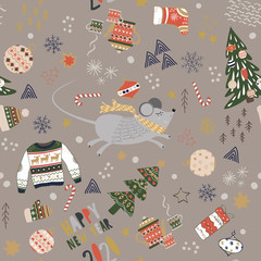 Naklejka premium Holiday Seamless Pattern with Christmas Cookies. Xmas winter poster collection
