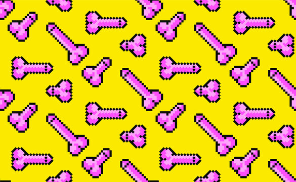 8 bit pixel penis. seamless pattern. yellow background. vector illustration
