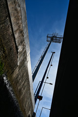 View Up Between a Ship's Hull and the River Lock Monitoring Equipment on the Danube River Germany