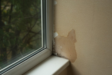 Wet spots from damp on the wall in the apartment near the window