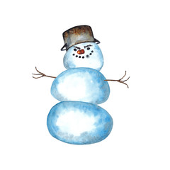 Funny plump smiling snowman in cartoon style with old saucepan on the head in grasp pose. Watercolor hand painted elements on white background.