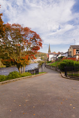 River Dee and the Welsh town of Llangollen with the Victoria promenade and park in North Wales
