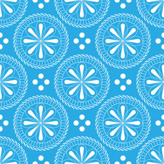 Seamless pattern with beautiful flowers in pastel blue and white colors on a white background