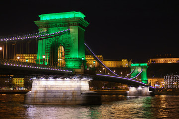 The Széchenyi Chain Bridge in St Patrick's Day in Budapest