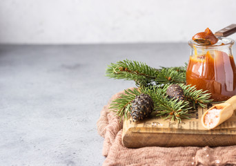 Spoon with tasty caramel sauce over glass jar as a gift for Christmas or New year with fir branches...