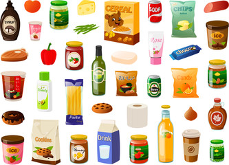 Vector illustration of various everyday pantry grocery shopping food items