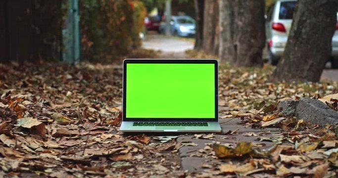 Green screen laptop with romantic fiery autumn city on background. Free mockup content. Chroma-key notebook display. Freelance business app. Social networking. Online education courses. 3G, wifi.