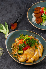 Falafels with rice and vegetables. Healthy vegetarian lifestyle.