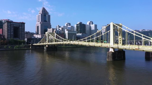 Seventh street bridge in Pittsburgh downtown aerial view
