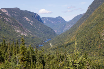 A valley in the Charlevoix region in Quebec seen from the top of a mountain.