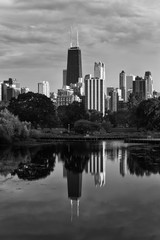 Chicago skyline reflected in pond - 302543286