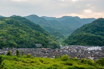 Fototapeta na wymiar Landscape view on rise field with mountains