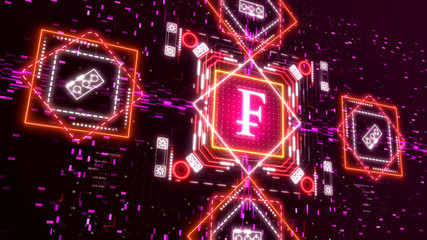 Obraz premium Digital Switzerland franc money logo on dark red glitch background. Currency