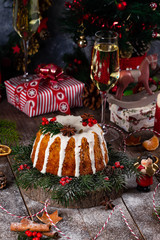 Delicious gugelhupf cake with white chocolate. Christmas cake. Gugelhupf with christmas decoration
