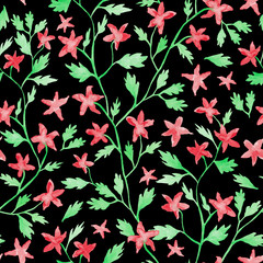 Little red flowers watercolor painting - hand drawn seamless pattern with blossom on black background