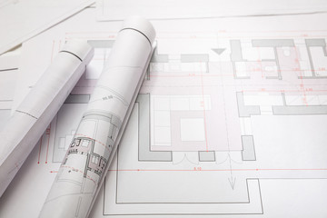 Residential building blueprint drawings. Construction concept