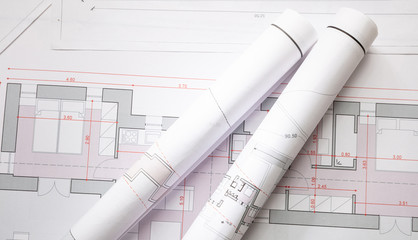 Residential building blueprint plans, banner. Construction concept