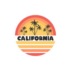 Touristic Greeting Card - California with sunset, vector illustration.