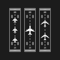 Takeoff and landing airplanes set. Runway with jet aircraft top view. Airport elements top view. Instrument landing system scheme. Vector airport symbol and background.