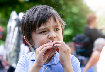 Fototapeta premium Cropped shot Hungry kid eating fresh tortilla wraps with salmon mixed vegetables, Cute boy siting on rug having a picnic in the park, kid eating Mexican sandwich food for his snack.