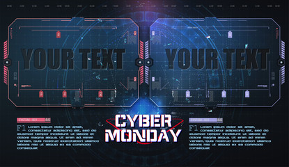 Cyber monday technology circuit style background design. Place for your advertising. Futuristic screen HUD, GUI, UI.  Abstract control panel layout design. Virtual hi Scifi technology. Vector 