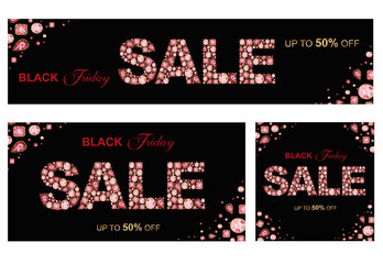 SALE inscription made of Red Crystal letters. Black Friday jewelry shop social media banner set concept on black background Watercolor Shiny glamour fashion gem font Letter from diamonds and brilliant