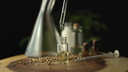 Obraz premium Pipette droplet dosing licensed cannabis CBD oil for medical purposes. Hydroponic biological and ecological hemp plant and herbal pharmaceutical clinic study concept.