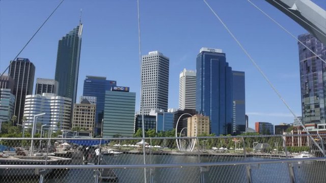 Perth financial center skyline as view from Elizabeth Quay Pedestrian Bridge. Perth is the capital and largest city of the Australian state of Western Australia