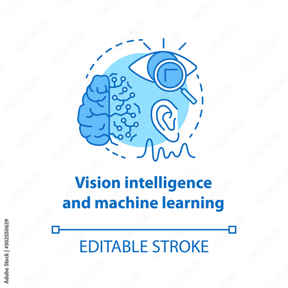 Poster vision intelligence and machine learning blue concept icon. smart computer system idea thin line ill