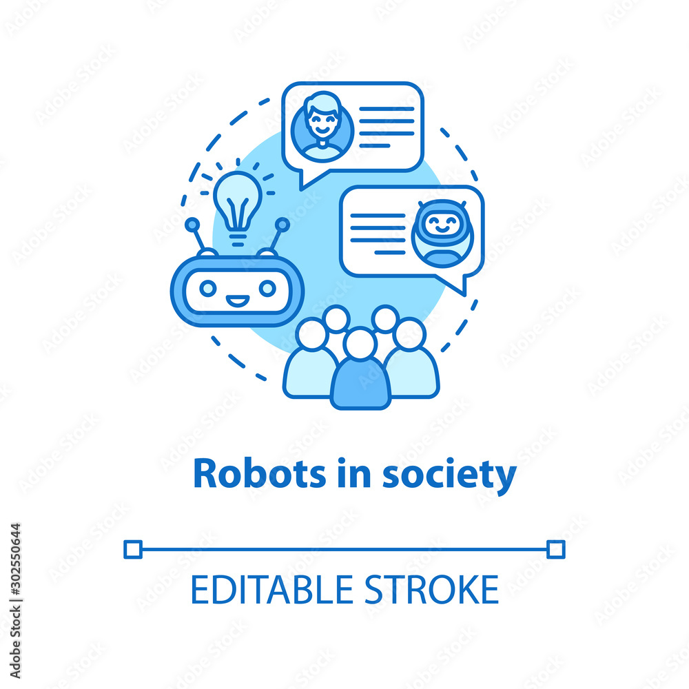 Poster robots in society blue concept icon. communication with artificial intelligence idea thin line illus