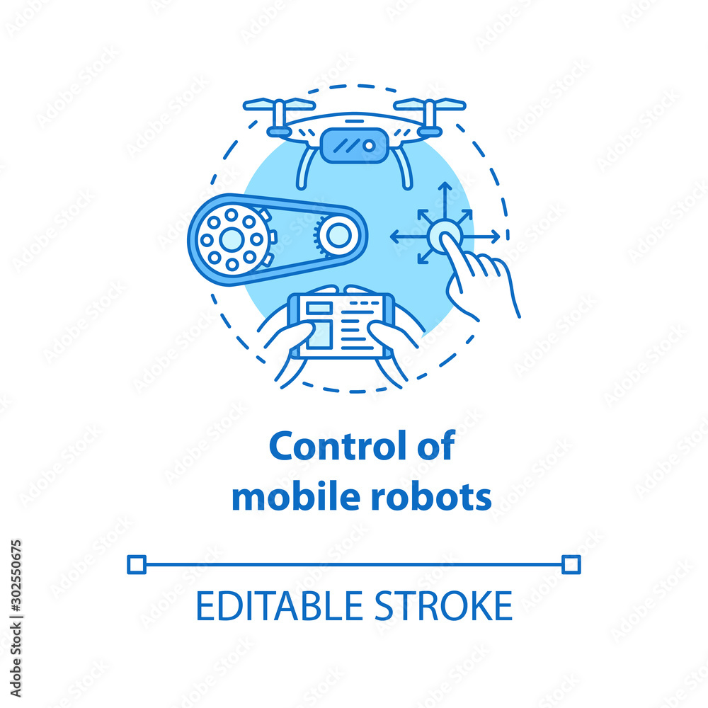 Poster control of mobile robots blue concept icon. motion at distance idea thin line illustration. software