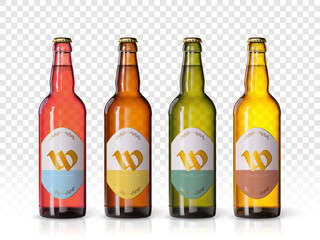 Wheat beer ads, realistic vector beer bottle with attractive beer and ingredients on background. Bottle beer brand concept on backgrounds with wheats and hops. Set of bottles
