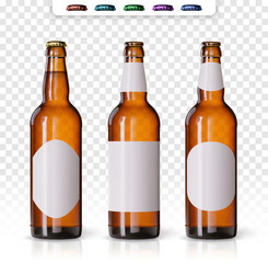 Wheat beer ads, realistic vector beer bottle with attractive beer and ingredients on background. Bottle beer brand concept on backgrounds, with different mock ups and caps. Set of bottles - obrazy, fototapety, plakaty