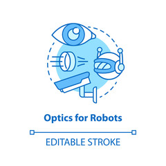 Optics for robots blue concept icon. Robotic lenses idea thin line illustration. Innovative cctv cameras. Special futuristic glass for electronics. Vector isolated outline drawing. Editable stroke