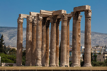 Ruins of the Temple of Olympian Zeus also known as the Olympieion at the center of the Athens city...