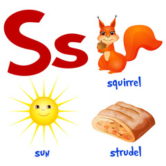 Vector cute kids cartoon alphabet. Letter S with squirrel, sun and strudel. Flat style.