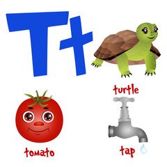Vector cute kids cartoon alphabet. Letter T with turtle, tomato and tap.