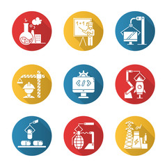 Fototapeta premium Industry types flat design long shadow glyph icons set. Chemical, education, computer, construction, software, aerospace, pharmaceutical, arms, energy sectors. Vector silhouette illustration