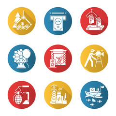 Industry types flat design long shadow glyph icons set. Financial services, timber, tobacco, entertainment, music, film, arms, energy, fishing sectors of economy. Vector silhouette illustration