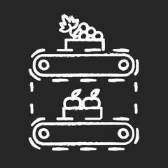 Fruit production chalk icon. Apples and grape in crates on conveyor belt. Organic food supply. Storage terminal. Professional automated factory equipment. Isolated vector chalkboard illustration