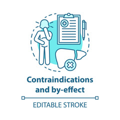 Contraindications and by effect concept icon. Keto diet idea thin line illustration. Ketogenic therapy. Dietary treatment. Cautions, warning. Symptoms. Vector isolated outline drawing. Editable stroke