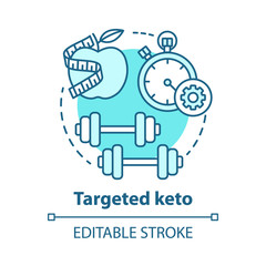 Targeted keto concept icon. Ketogenic food idea thin line illustration. Diet and workout. Healthy meal plan and fitness. Sport, healthy lifestyle. Vector isolated outline drawing. Editable stroke