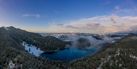 Fototapeta na wymiar lake alatsee in bavaria at winter with sunset view to forest and fuessen