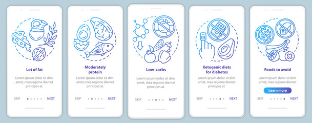 Keto diet blue onboarding mobile app page screen vector template. Healthy nutrition. Low carbs and lot of fat eating. Walkthrough website steps with linear icons. UX, UI, GUI smartphone interface