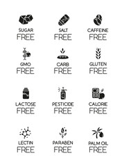 Product free ingredient glyph icons set. No lectine, paraben, gmo, gluten. Organic food, healthy eating. Low calories meals. Dietary without allergens. Silhouette symbols. Vector isolated illustration