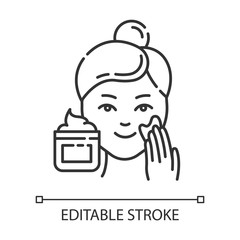 Applying cream linear icon. Skin care procedure. Facial beauty treatment. Face product for exfoliating. Thin line illustration. Contour symbol. Vector isolated outline drawing. Editable stroke