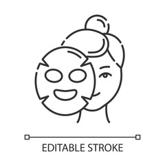 Applying sheet mask linear icon. Skincare procedure. Hydrogen mask. Facial beauty treatment. Cosmetics, makeup. Thin line illustration. Contour symbol. Vector isolated outline drawing. Editable stroke